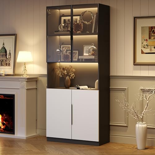Vitrina minimalista moderna con luces LED, temperatura de color ajustable y brillo, puertas blancas con detalles negros, 80 x 30 x 200 cm, ideal para coleccionables