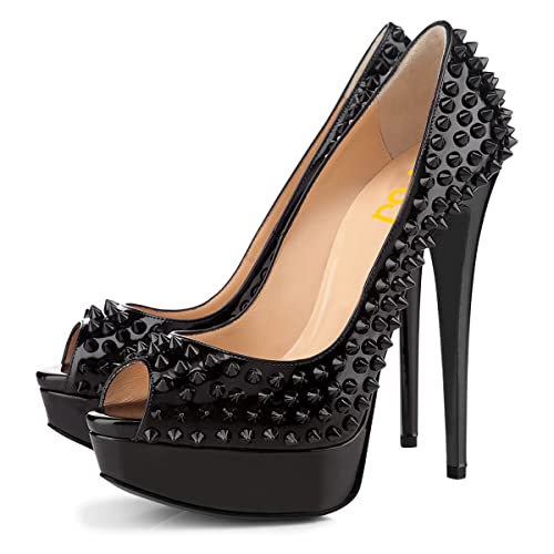 FSJ Women Gorgeous Peep Toe Studded Rivets Platform Pumps Stiletto High Heel Slip On Ladies Formal Dress Party Evening Shoes Size 4-15 US2