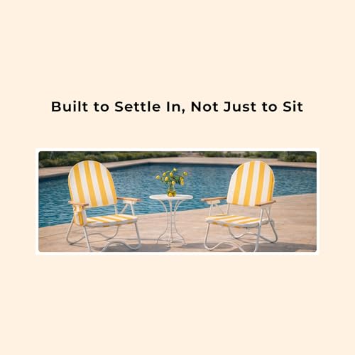Image of Padded Low Beach Chair, 4-Position Folding Outdoor Chair with Wooden Armrests, Cushioned Seat, Storage Pouch & Carry Strap for Beach, Patio and Lawn, Cala Serena Ochre Stripe