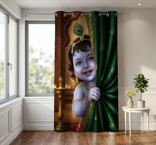 Image of Digital Printed Curtain with Pink Rose and Butterfly Design, 7 Feet, Grommet Top, White (1, Bal Krishna Curtain 2, 7 Feet)