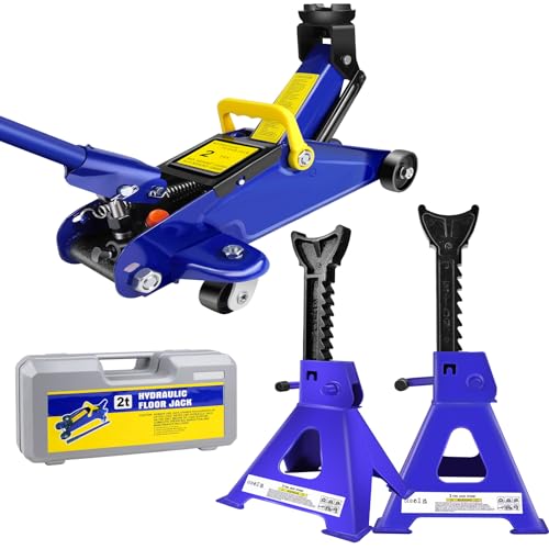 2 Ton Hydraulic Trolley Floor Jack Combo with 3Ton 2 Jack Stands, Steel Car Jacks with 9 Adjustable Height, Car Lift Auto Repair Tools, Portable Garage and Workshop Equipment, Blue (Set of 3)
