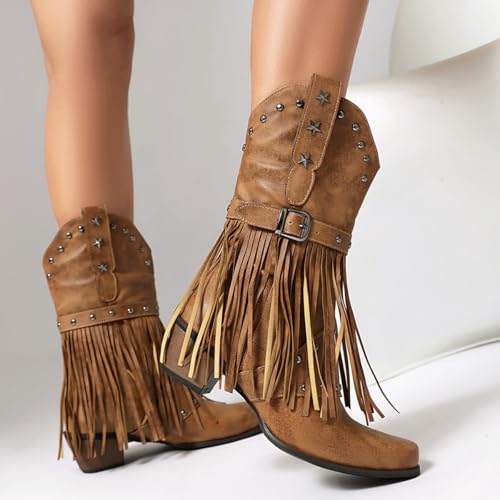 Women's Fringe Cowboy Boots Mid Calf Cowgirl Boots with Studded Pointed Toe and Chunky Heel Western Tassel Riding Boot4
