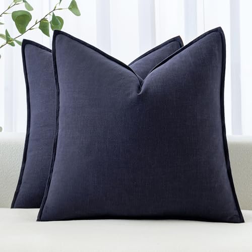 Image of MIULEE Decorative Linen Pillow Covers 20x20 Inch Navy Boho Farmhouse Neutral Couch Throw Pillows for Bed Pack of 2 Accent Modern Pillowcase Summer Sofa Livingroom Home Decor