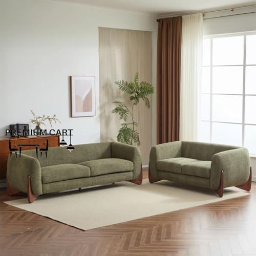 Image of Upholstered 3 Seater Sofa Three Seater Sofa with Wooden Legs for Living Room Hotels & Offices (3+2 Boucle Green)
