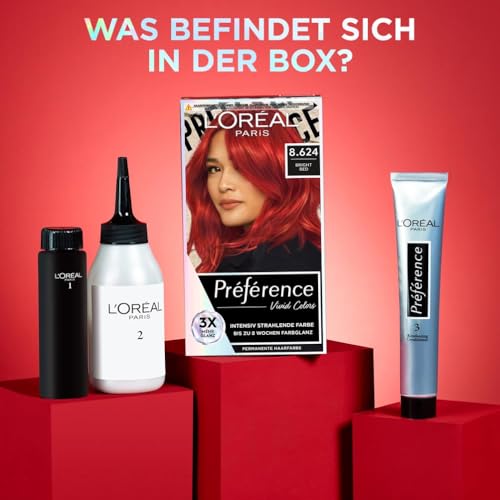 Foto von L'Oréal Paris Intensive dauerhafte Haarfarbe, Bis zu 8 Wochen glänzendes Haar und intensive Farbe, Préférence Vivid Colors, Farbe: 8.624 BRIGHT RED, 1 Stück