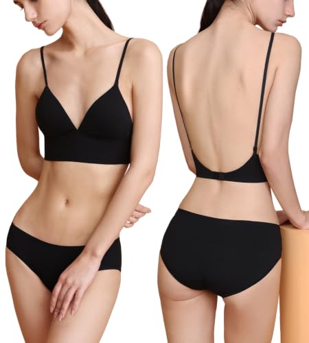 Image of Organic Cotton Low Back Bralette for Women Wireless Padded Thin Strap Backless Everyday Bra