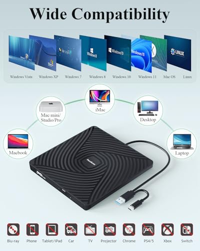 Image of PeroBuno External CD DVD Drive, USB 3.0 Type-C Optical Drive, 0.5-inch Ultra-Slim Portable DVD CD ROM Disc Player Reader Writer Rewriter Burner Recorder for Laptop PC MacBook Windows Linux Mac OS