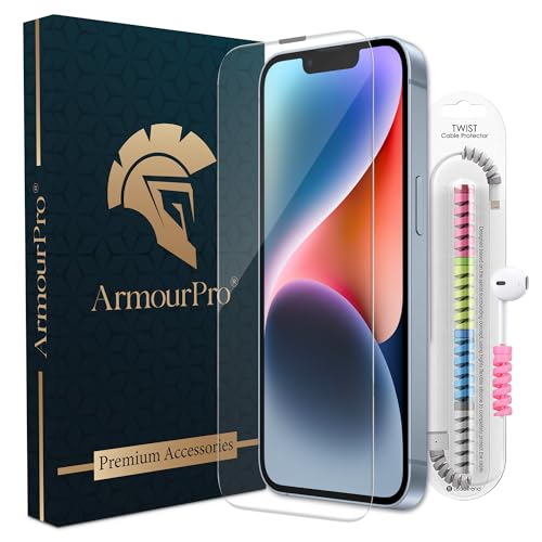 Image of ArmourPro Military-Grade Borderless Tempered Glass for iPhone 14 Plus and 13 Pro Max (6.7 Inch) with Edge to Edge Protector Coverage, Cable Protector and Easy Installation Kit | Anti Dust Mesh Filter
