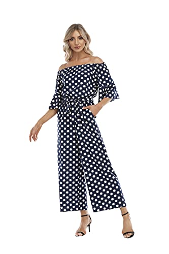 Love Welove Fashion Women's Summer Floral Off Shoulder Ruffled Short Sleeve High Waist Wide Leg Pants Casual Loose Jumpsuit Romper (Xl, Navy Polka Dot, X_L) #TOP3