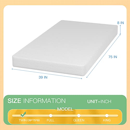Image of PayLessHere | 8 Inch Twin Mattress | White | Green Tea Gel Memory Foam | CertiPUR-US Certified