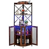 JKsmart Corner Bar Cabinet with LED Lights, 5-Tier Industrial Wine Bar with Glass Holder, Farmhouse Liquor Cabinets with Shelf and Door, Home Bar for Coffee Bar Cabinet, Rustic Brown