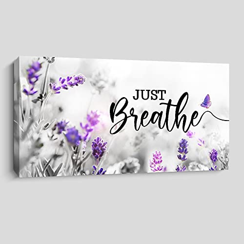 Creoate Just Breathe Bedroom Wall Art, Purple Lavender Picture with Inspirational Quotes Canvas Print Artwork for Home Decoration, 15.7 x 7.8 inches
