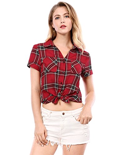 Allegra K Women's Casual Boyfriend Plaid Button Down Shirt Medium Red #TOP1
