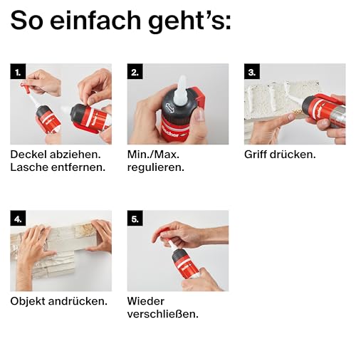 fischer Montagekleber, Klebstoff in Weiß, Flüssigkleber, super starker Halt, innen und außen vielseitig einsetzbar, klebt Stein, Beton, Emaille, Keramik, uvm., 300 g