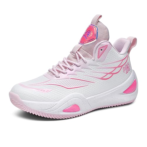 BEMYGREENBAG Men Women Basketball Shoes Shock Absorbent Wear Resistant Sports Shoes Fashion Light Running Shoes White-Pink Size 10