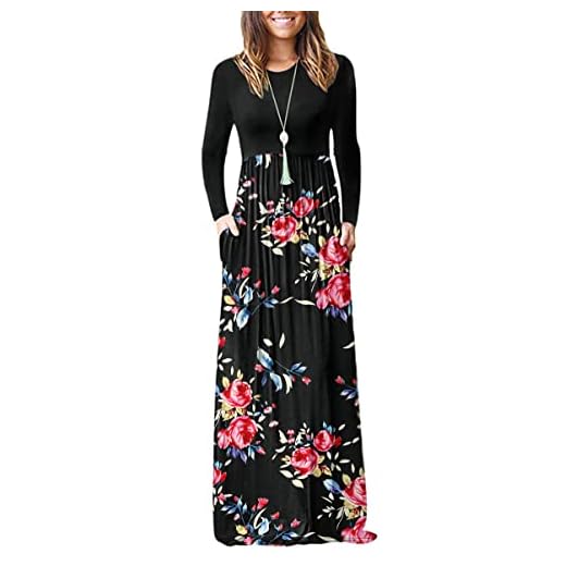AUSELILY Dam långärmad lös enkel plusstorlek maxiklänningar avslappnade långa klänningar med fickor, Rosa svart, 3XL