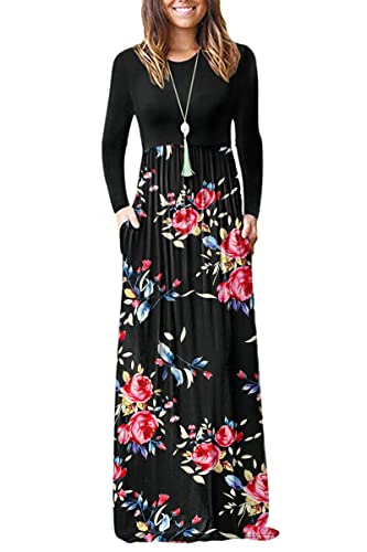 Image of AUSELILY Womens Long Sleeve Maxi Dress Casual Empire Waist with Pockets | Versatile year round long dress for spring, fall, winter, available in floral prints and solids