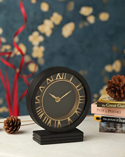 Image of Decor de Maison Metal Brings Handcrafted Aleksi Analog Table Clock for Kidsroom, Living Room, Bedroom, Study Table, Office Desk | Classic Non-Ticking Tabletop Battery Operated Desk Clock (Black)