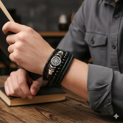 Vientiq Store Vientiq Men's Black Multi-Layer Leather Bracelet Set - Image 3