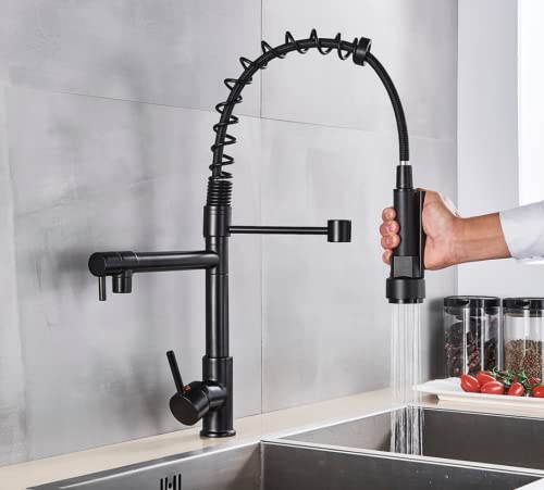 Robinet mitigeur de cuisine noir mat flexible double bec evier montage sur plage