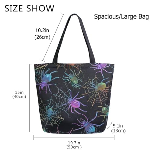 Rainbow Halloween Spiders in Web Extra Large Canvas Gym Shoulder Tote,Durable Reusable Daily Top Handle Bag for Mens Womens Yoga Weekender Picnic Beach Travel Market Shopping4