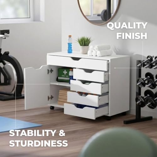 Image of Winsome Halifax Mobile Storage Cabinet with 1 Door & 5 Drawers, White