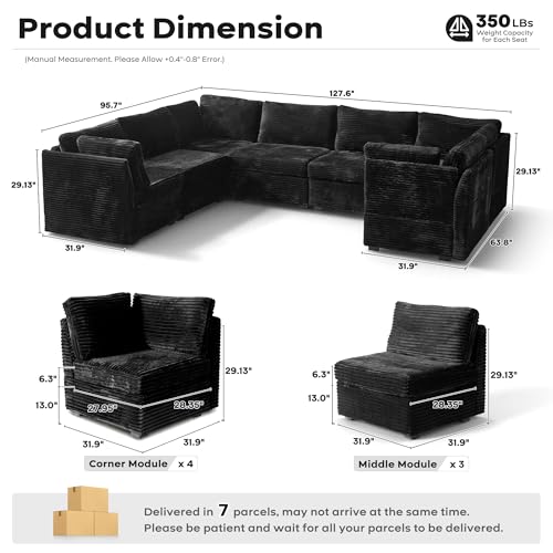 Image of ovios Modular Sectional Sofa Couch with U-Shape Chaise Oversized, Comfy Plush Corduroy Cloud Couches, Modern Luxury Deep Seat Sofas Set for Living Room, 7-Seater, Black