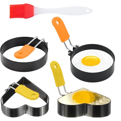 Egg Rings for Frying with Oil Brush, 4 Pcs Stainless Steel Non Stick Egg Moulds with Anti-Scald Folding Handle, Pancake Ring Moulds for Eggs Frying, Shaping, Pancakes, Mini Burger