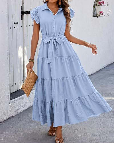dowerme Ladies Dress 2025 Ruffle Cap Sleeve Button Down V Neck Tie Waist Plain Pleated Tiered Boho Flowy A-Line Dresses(Sky Blue,XX-Large) — view 6