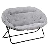 Welnow Comfy Double Saucer Chair Loveseat, Modern 2-Seat Folding Faux Fur Lounge Chair, Foldable Accent Reading Chair with Metal Frame Moon Chair for Bedroom, Living Room, Dorm Rooms, Plush Grey