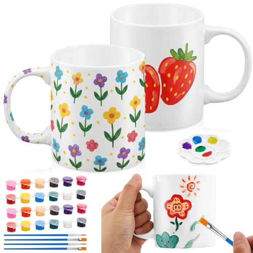 2 Set Pottery Painting Your Own Mug Kit Gifts for Valentine's Day, 2 Blank Ceramic Sublimation Cups 12 Color Pigment Brushes for Beginners DIY Birthday Anniversary Couples Night(Classic Style)