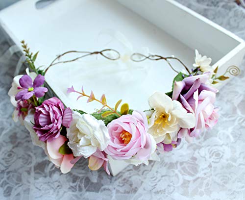 LLinfflr Rose Flower Crown Flower Garland Headband Hair Wreath Floral Halo Headpiece Boho with Ribbon Wedding Party Photos Pink