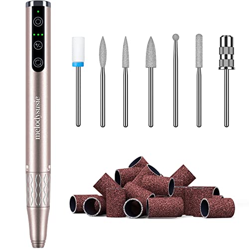 MelodySusie Professional Cordless Nail Drill, Portable Rechargeable Electric Efile Nail Machine File Kit with Bits and Sanding Bands for Acrylic Gel Nails, Manicure Pedicure Polishing, Gold