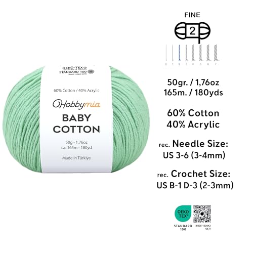 Image of Baby Cotton Blend Yarn - Soft Sport Weight Yarn for Crochet & Amigurumi - 50g /180yds - 60% Cotton 40% Acrylic - Ideal for Baby & Knitting Proj.(Mint, 2 Balls)