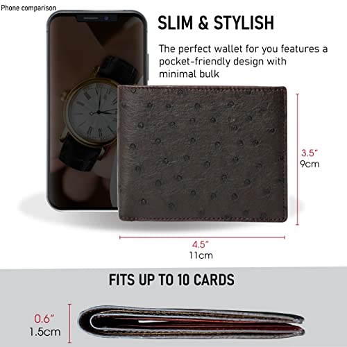 Image of HATA Brown Ostrich Leather Bifold Wallet for Men, Double-Sided Ostrich Billfold with RFID Blocking, Handmade Leather Wallet Gift for Birthday, Anniversary, Father's Day VINAMOS-36