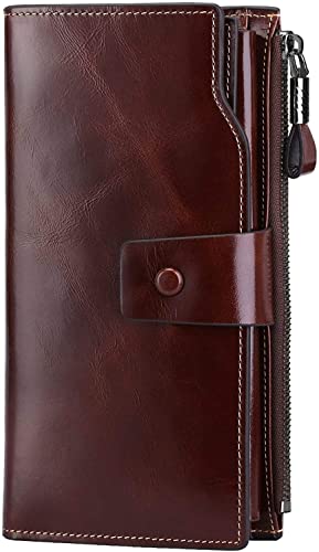 Portefeuille long en cuir marron café pour femme avec blocage RFID