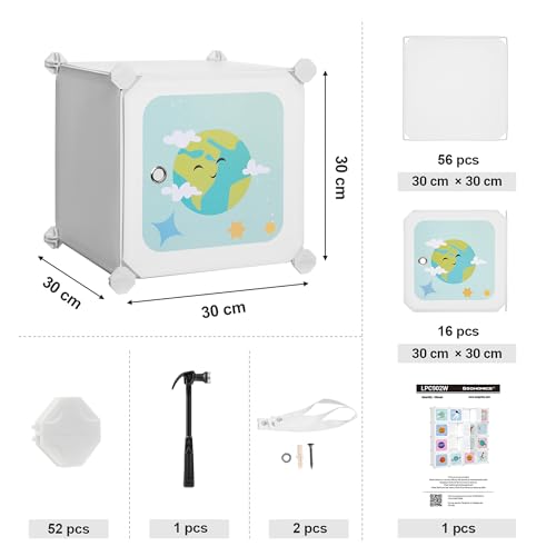 SONGMICS Scaffale Portaoggetti a 15 Cubi per Bambini, Portagiochi ad Incastro, Armadio in Plastica, Organizzatore Modulare per Abiti Scarpe Zainetto, 153 x 31 x 153 cm, Bianco LPC902W - Immagine 2