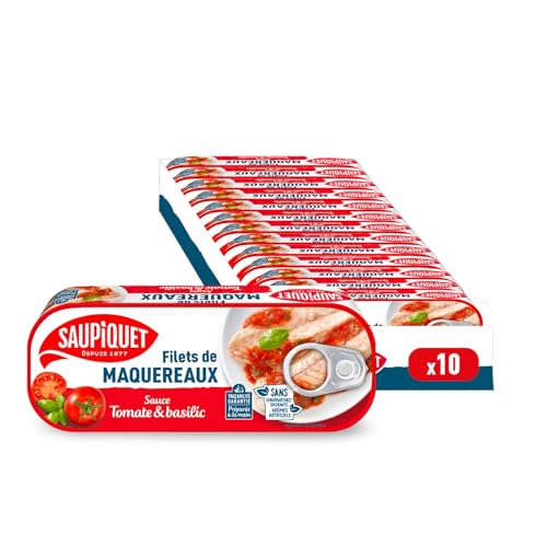 SAUPIQUET - Filets de Maquereaux sauce Tomate et Basilic - Riches en Oméga 3 - Produits en Bretagne - Issus d'une Pêche Traçabilité Garantie - 10 Conserves...