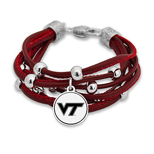 FTH Women’s Bracelet, Leather Cord Bracelet with Silver Beads and Team Logo Charm, Officially Licensed NCAA Women’s Jewelry, 7.5 Inch (Virginia Tech Hokies)