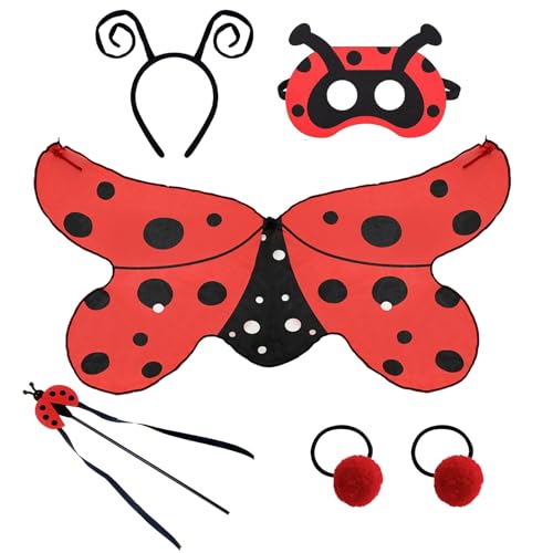 Marienkäfer Kostüm Kinder Mädchen, Karneval Marienkäfer Feenflügel Kostüm Set, Marienkäferflügeln Zauberstab Maske Antennen-Haarreif und Pompon-Dekorationen, Bug Kostüm Tierkostüm für Halloween Party