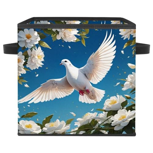 Boîte de rangement pliable cube motif colombe et fleur avec poignées cuir - 2