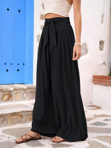 Image of Leriya Fashion High Waist Palazzo Pants for Women | Poly Cotton Wide Leg Trouser Pants for Women | Relaxed Fit Pleated Trousers for Casual & Semi-Formal Wear