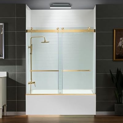 Woodbridge Frameless Bathtub Shower Doors 56-60" Width x 66" Height with 5/16"(8mm) Clear Tempered Glass, 2 Ways Opening & Double Sliding in Brushed Gold Finish