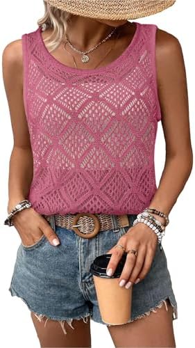 Suéter feminino vazado de crochê, regata de tricô sem mangas, blusa boho de verão pulôver