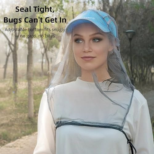 Novellus Mosquito Head Net Mesh para actividades al aire libre, cubierta transpirable de cara y cuello con cordón ajustable, protección ligera contra insectos para senderismo, camping y pesca, se adapta a la mayoría de los tamaños de sombreros (Negro) miniatura 2