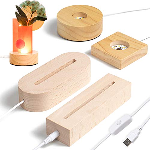 FUNSHOWCASE Wood LED Light Base for Resin Art Dispaly, Laser Crystal, Glass, Paperweight Lot 4-in-Set 2.8-5.9inch