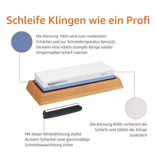 Amazon Basics Messerschärfstein, doppelseitig, Körnung 1000/6000, mit rutschfester Bambusunterseite, Schwarz, Blau und Weiß, 21,34 x 9,14 x 4,57 cm