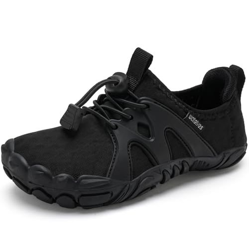 WateLves Toddler/Little/Big/Kid Water Shoes Wide Barefoot Aqua Athletic Sneakers Girls Boys Hiking Beach Swim Fast Dry Shoes Built-in Heel Grips (All Black, 28)