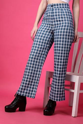Image of POPWINGS Casual Check Print Button and Zip Closure Trouser for Women | Western Wide-Leg Trouser for Women | Summer Trousers for Women | Comfortable Semi-Formal Work Trouser for Women