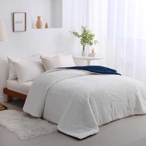 Coberdrom Edredom Londres King 260x240 Linda Casa Pele Carneiro Sherpa/Manta Soft - Marinho